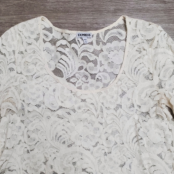 Express Sheer Lace Long Sleeve Top Cream Medium - Picture 3 of 11